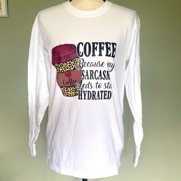 New Coffee & Sarcasm White Leopard Long Sleeve Cotton T-Shirt - Picture 1 of 3